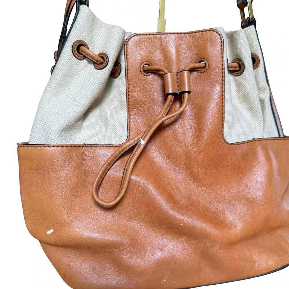Fossil Leather & Canvas Tan Handbag Shoulder Bag Drawstring Bucket Purse 13x11x6